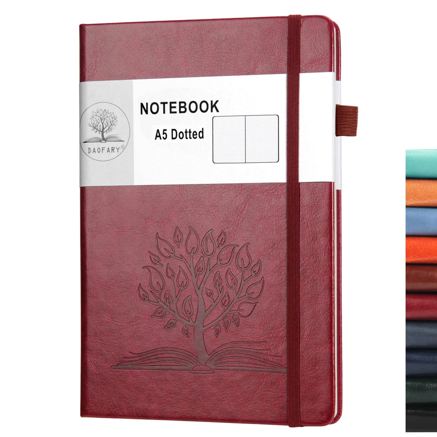 Daofary Dotted Journal Notebook with Pen Holder— A5 Leather Dot Grid Notebook with 160 Pages 100gsm Thick Paper, Hardcover Dotted Journal with Pocket for Woman Men 8.4 x 5.7 in (Wine Red)