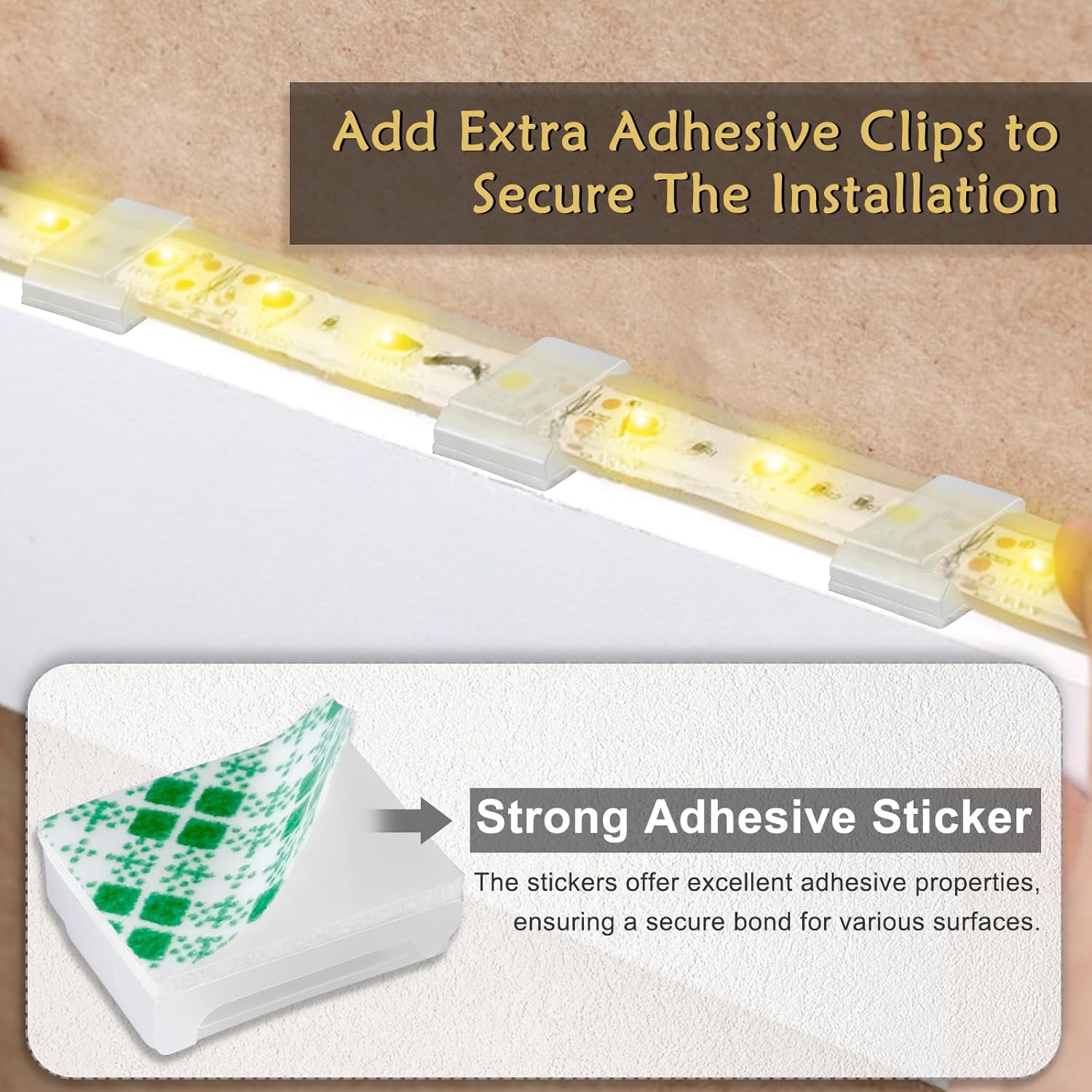GooChan_Strip_Light_Mounting_Clips_Self-Adhesive_Strip_Brackets_Holder,100Pack_Clamps_Fix_Light_Strip_8mm_10mm_12mm_(for_10mm(3/8")_Wide_Strip_Light)
