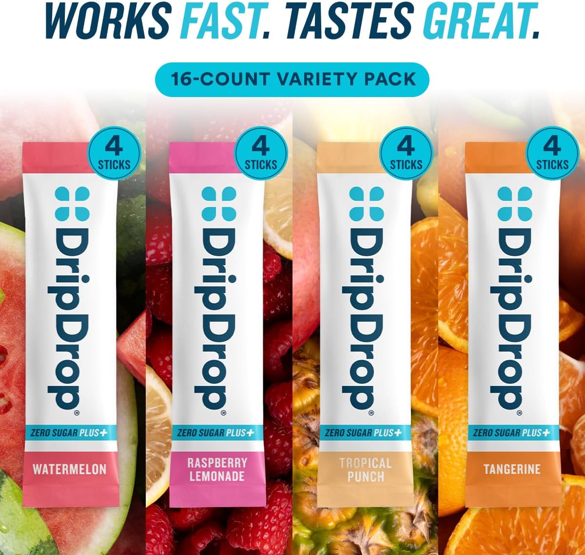 DripDrop_Zero_Sugar_Plus_-_Sugar_Free_Hydration_Packets-_Single_Serve_Electrolytes_Powder_Drink_Mix_-_Raspberry_Lemonade,_Watermelon,_Tangerine,_Tropical_Punch_-_Non-GMO,_Vegan-_16_Sticks