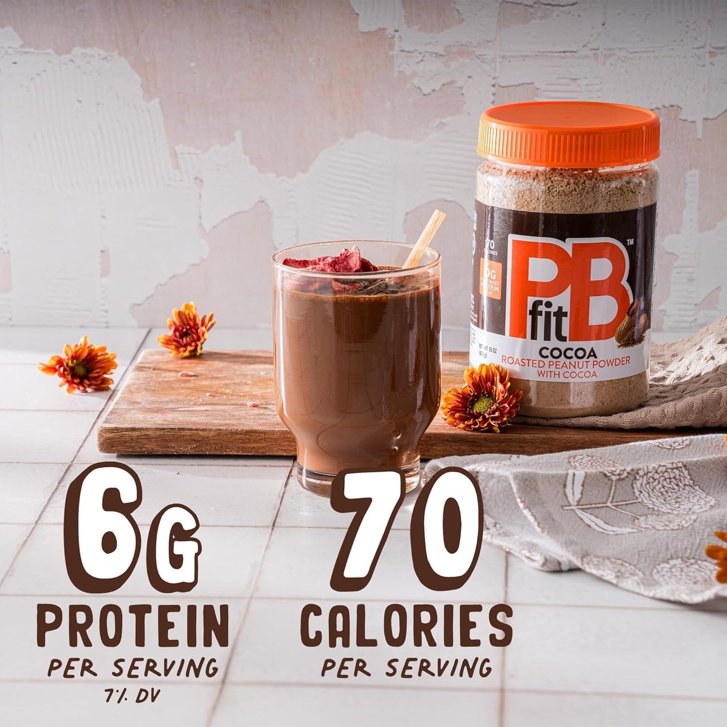 PBfit_15_Ounce_Peanut_Butter_Powder_Chocolate_Flavor,_Cocoa_Powdered_Peanut_Butter_Spread_From_Real_Roasted_Peanuts_and_Cocoa,_6g_of_Protein_7%_DV,_Gluten-Free,_70_calories,_88%_less_fat_(Pack_of_1)
