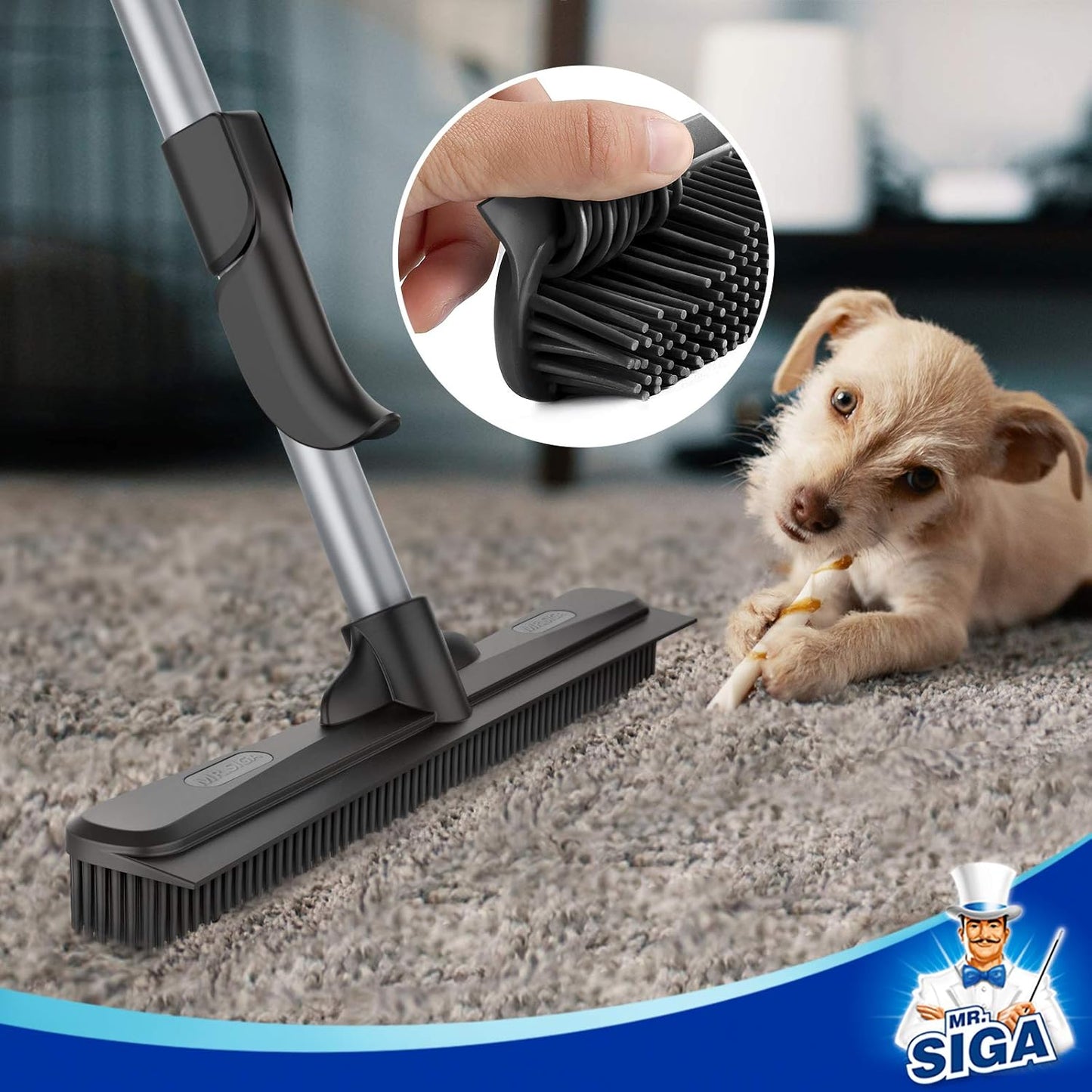 MR.SIGA_Pet_Hair_Removal_Rubber_Broom_with_Built_in_Squeegee,_3_in_1_Floor_Brush_for_Carpet,_61_inch_Adjustable_Handle,_Includes_1_Microfiber_Cloth_for_Floor_Dusting