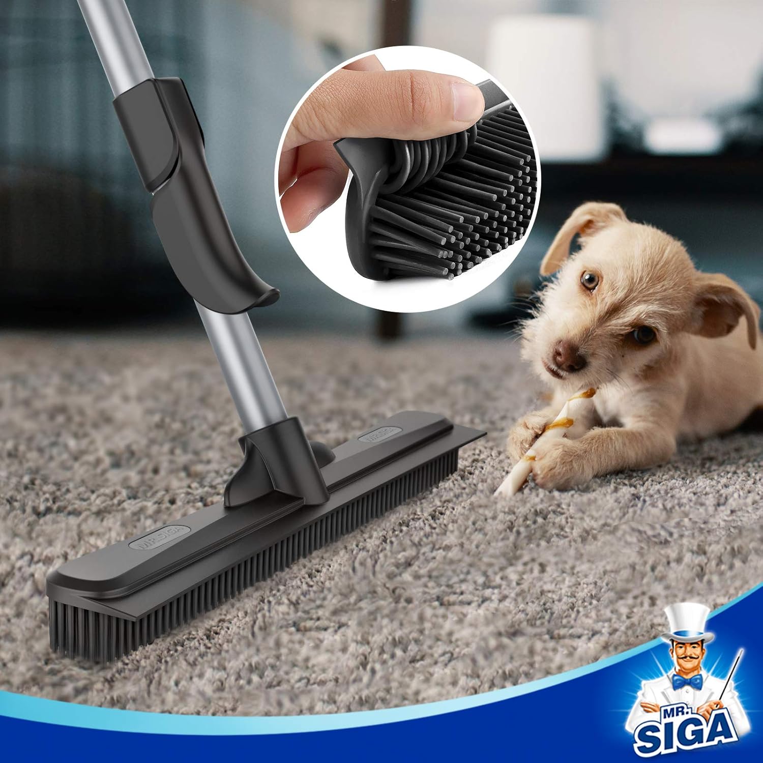 MR.SIGA_Pet_Hair_Removal_Rubber_Broom_with_Built_in_Squeegee,_3_in_1_Floor_Brush_for_Carpet,_61_inch_Adjustable_Handle,_Includes_1_Microfiber_Cloth_for_Floor_Dusting