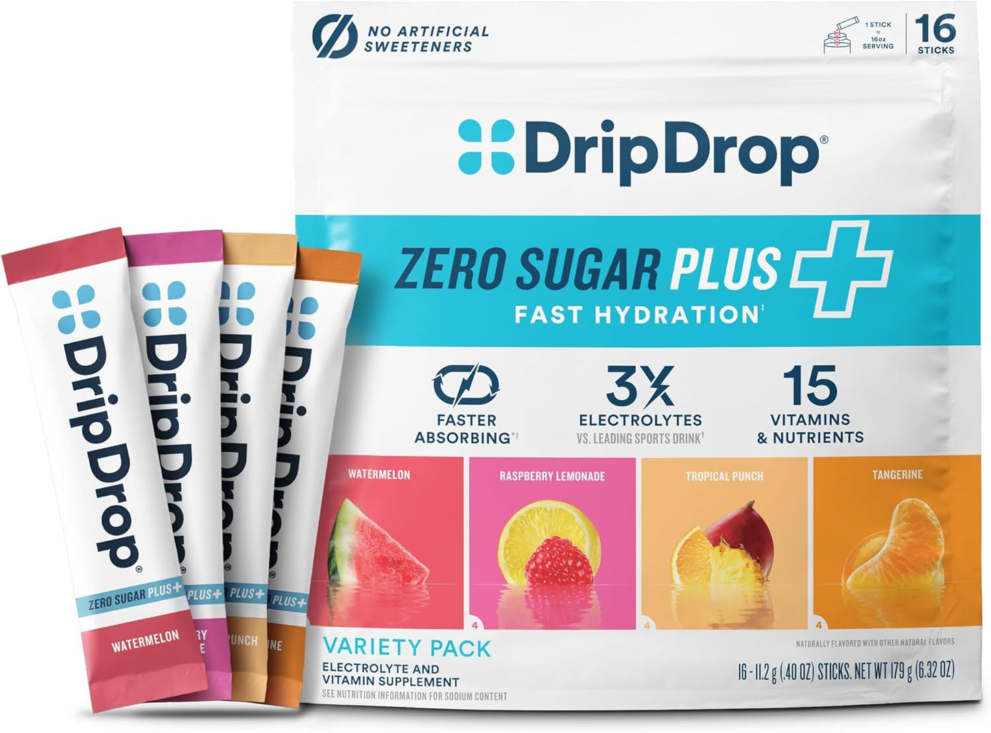 DripDrop_Zero_Sugar_Plus_-_Sugar_Free_Hydration_Packets-_Single_Serve_Electrolytes_Powder_Drink_Mix_-_Raspberry_Lemonade,_Watermelon,_Tangerine,_Tropical_Punch_-_Non-GMO,_Vegan-_16_Sticks