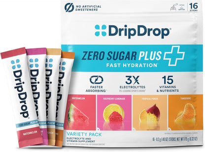 DripDrop_Zero_Sugar_Plus_-_Sugar_Free_Hydration_Packets-_Single_Serve_Electrolytes_Powder_Drink_Mix_-_Raspberry_Lemonade,_Watermelon,_Tangerine,_Tropical_Punch_-_Non-GMO,_Vegan-_16_Sticks