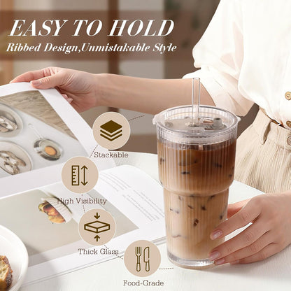 Iced_Coffee_Cups_with_Lids:_Coffee_Bar_Accessories_-_Ribbed_Glass_Tumbler_with_Straw_and_Lid_4Pcs_-_20oz_Leak_Proof_Tumbler_-_Reusable_Glass_Cups_and_Tumblers_with_Lid_and_Straws_for_To_Go_Iced_Coffee