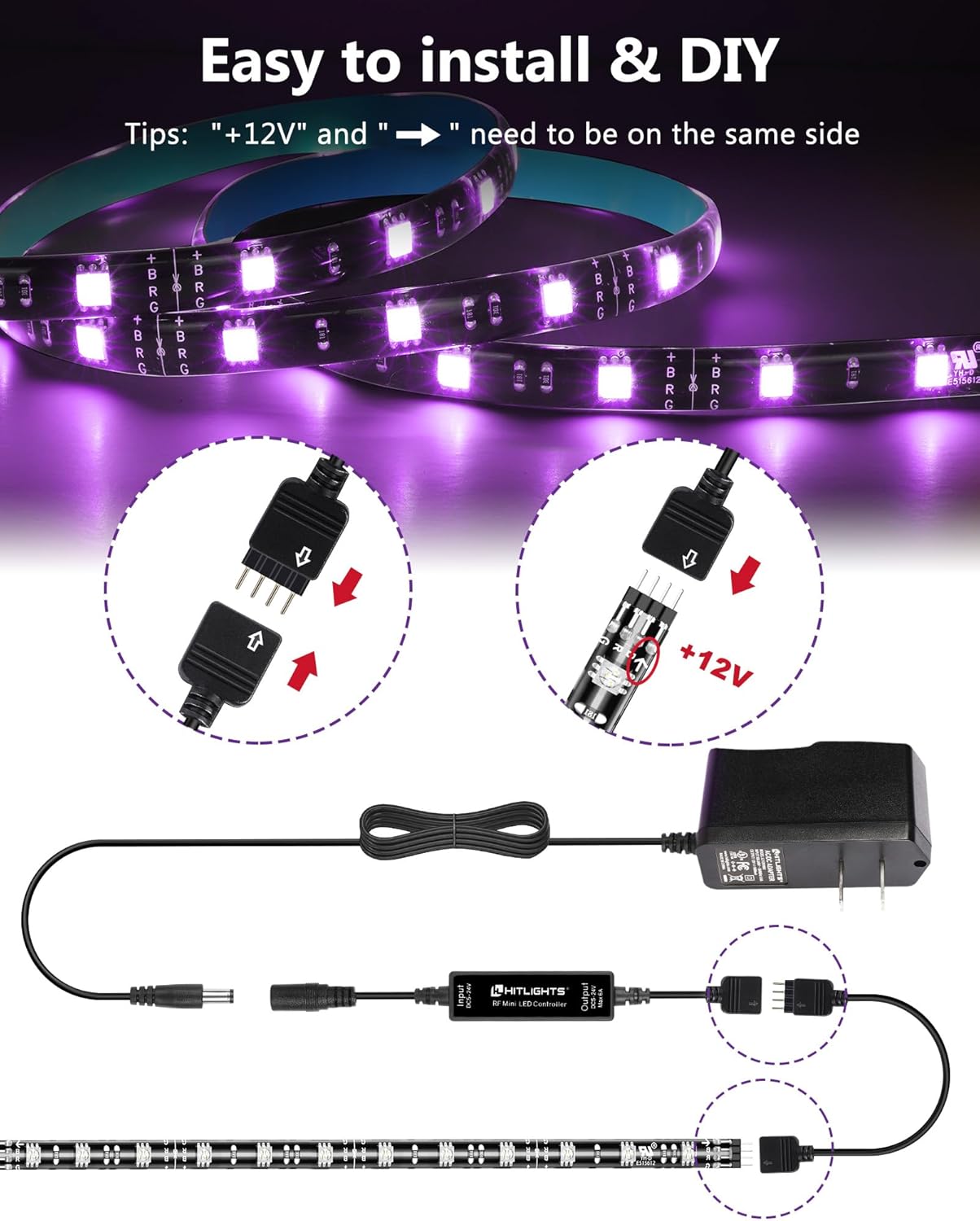 HitLights_LED_Strip_Lights,_4_Pre-Cut_Waterproof_RGB_Small_LED_Light_Strip_Kit_Dimmable_Color_Changing_SMD_5050_LED_Tape_Light_with_RF_Remote,_UL-Listed_Power_Supply_and_Connectors_for_TV_Bedroom_Home