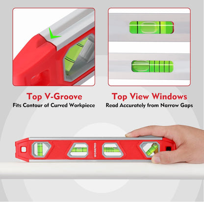 WORKPRO_12_Inch_Torpedo_Level,_Magnetic_Small_Leveler_Tool,_Plumbing_Level_with_Pitch_Vial,_Aluminum_Reinforced,_4_Bubbles,_V-Groove_for_Conduit_Bending