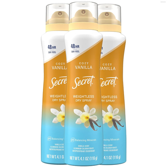Secret_Dry_Spray_Antiperspirant_Deodorant_for_Women,_48hr_Weightless_Sweat_&_Odor_Protection,_Gentle_on_Skin,_Cozy_Vanilla_Scent,_4.1_oz_(Pack_of_3)