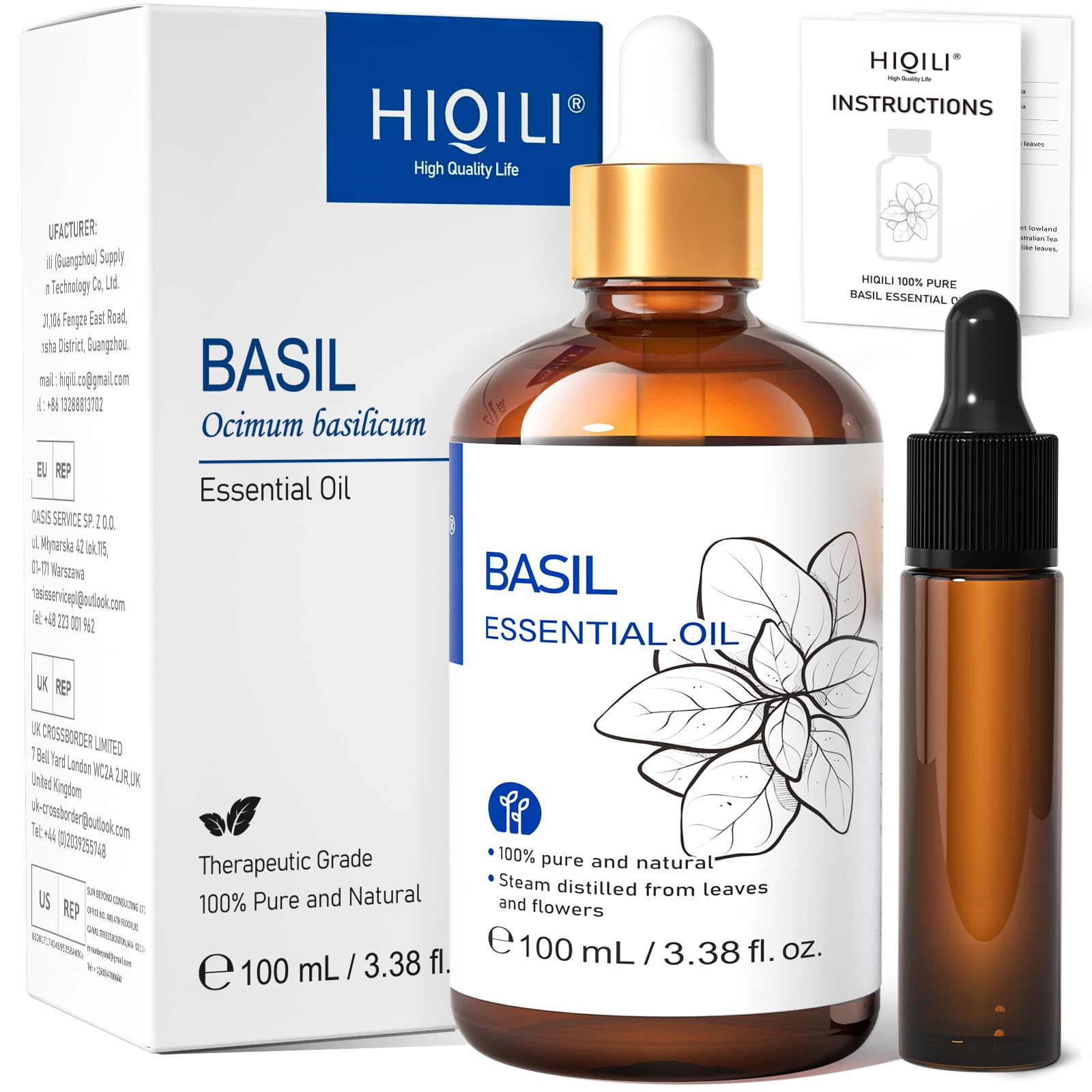 HIQILI Basil Essential Oil, 100% Pure &amp;amp; Natural, Diffuser in Bedroom, Yoga, Mediation for Calming Relaxation Mood, Hair Growth, Body Massage, DIY Sweet Herbal Scented Soap Gifts- 100ML