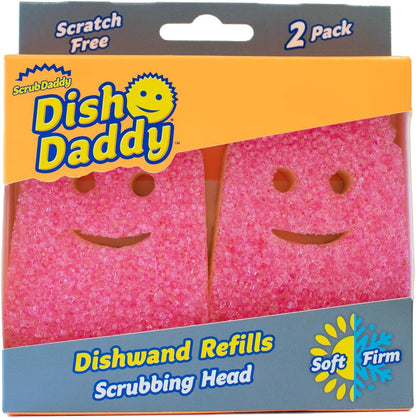 Scrub_Daddy_Dish_Wand_Scrubbing_Brush_Replacement_Heads,_Soap_Dispensing_Brushes,_Texture_Changing_Washing_Up_Sponges,_Detachable_Dish_Daddy_Head_Sponge_Refills,_Pink_2_Pack