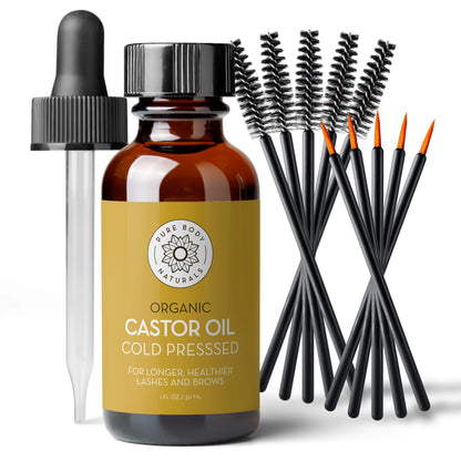 Pure Body Naturals Castor Oil for Eyelashes and Eyebrows - 1 Fl Oz Nourishing Brow &amp;amp; Lash Growth Serum - Organic, Hexane Free, Cold Pressed, Unrefined - Eyelash and Eyebrow Growth Serum for Women