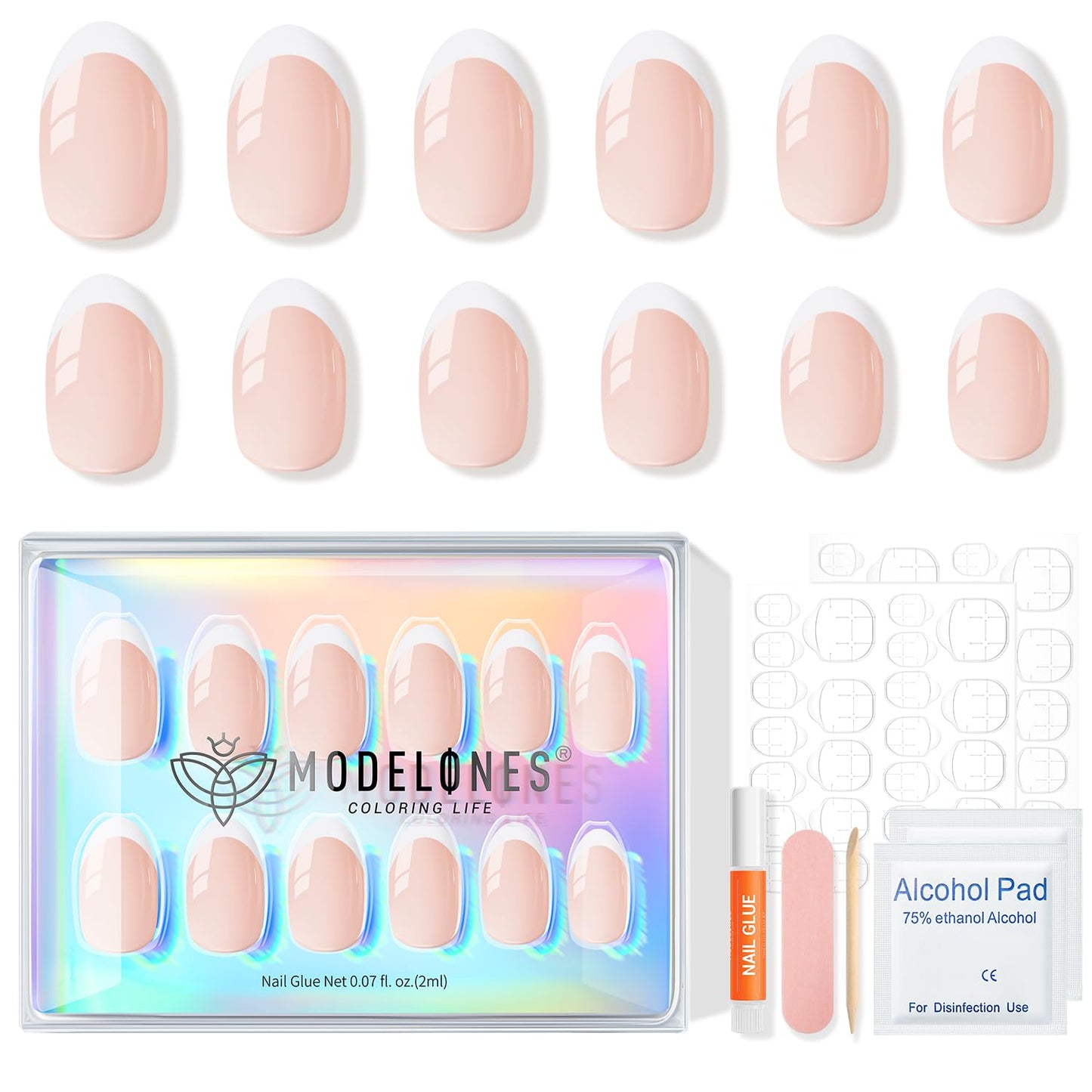 modelones_French_Tip_Press_On_Nails,_Short_Oval_Fake_Nails_Press_Ons_with_Nail_Glue,_Adhesive_Tabs,_Nail_File,_Prep_Pad,_Manicure_Stick,_32Pcs_16_Sizes,_Nude,_Spring_Women_Girl_Gift
