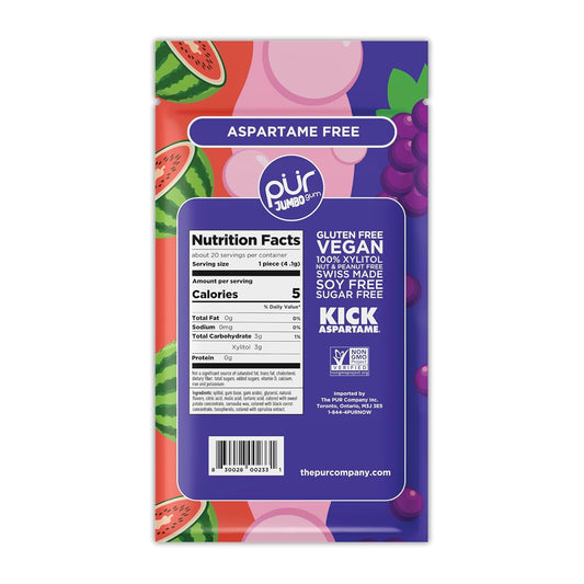 PUR_Jumbo_Gum_|_Aspartame_Free_Chewing_Gum_|_100%_Xylitol_|_Natural_Bubblegum,_Grape,_Watermelon_Flavor,_20_Pieces_(Pack_of_1)