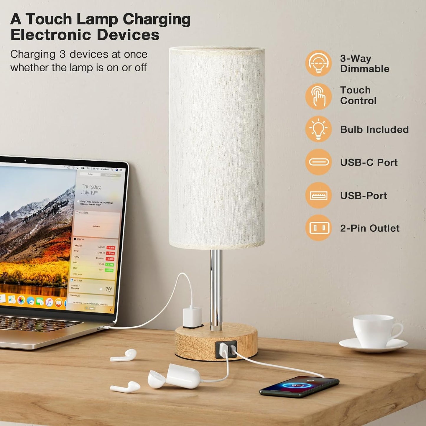 Bedside_Table_Lamp_for_Bedroom_-_3_Way_Dimmable_Touch_Lamp_USB_C_Charging_Ports_and_AC_Outlet,_Small_Lamp_Wood_Base_Round_Flaxen_Fabric_Shade_for_Living_Room,_Desk,_LED_Bulb_Included