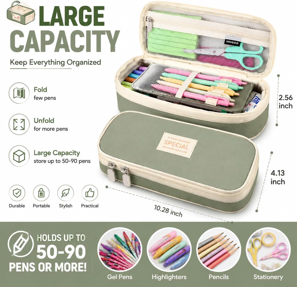 PUPTILY_Pencil_Case,_Large_Capacity_Aesthetic_Pencil_Cases_with_Durable_Zipper,_Big_Stationery_Pencil_Pouch_for_Women_&_Men,_Adults_Portable_Storage_Organizer_Bag_for_College,_Office,_Travel_(Green)