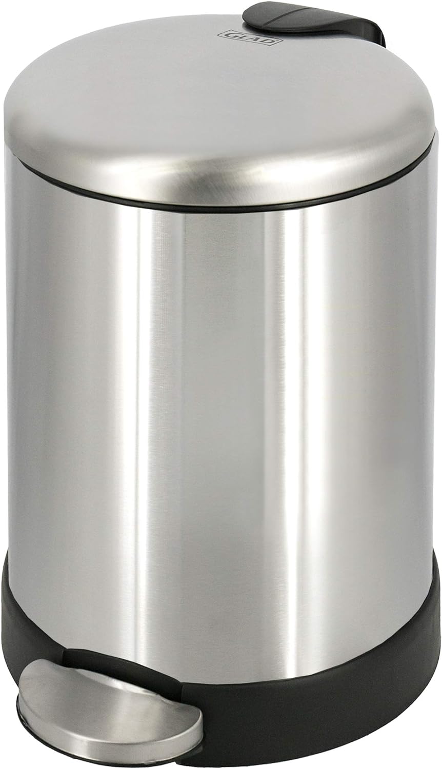 Glad_Small_Trash_Can,_1.2_Gallon_|_Round_Stainless_Steel_Garbage_Bin_with_Soft_Close_Lid_&_Step_Foot_Pedal_|_Metal_Waste_Basket_with_Removable_Inner_Bucket,_Stainless,_8_x_9.5_x_12_inches