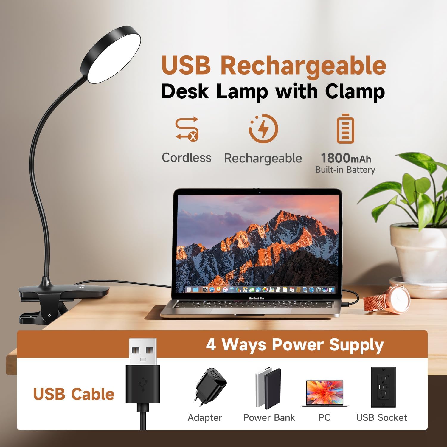 Mubarek_Clip_on_Lamp,5_Brightness+5_Color_Clip_on_Light,200LM_36_LED_Reading_Lights_for_Books_in_Bed,1800mAh_Battery_Powered_Lamp_Battery_Operated_Lights,Rechargeable_Desk_Lamp_with_Clamp_Light