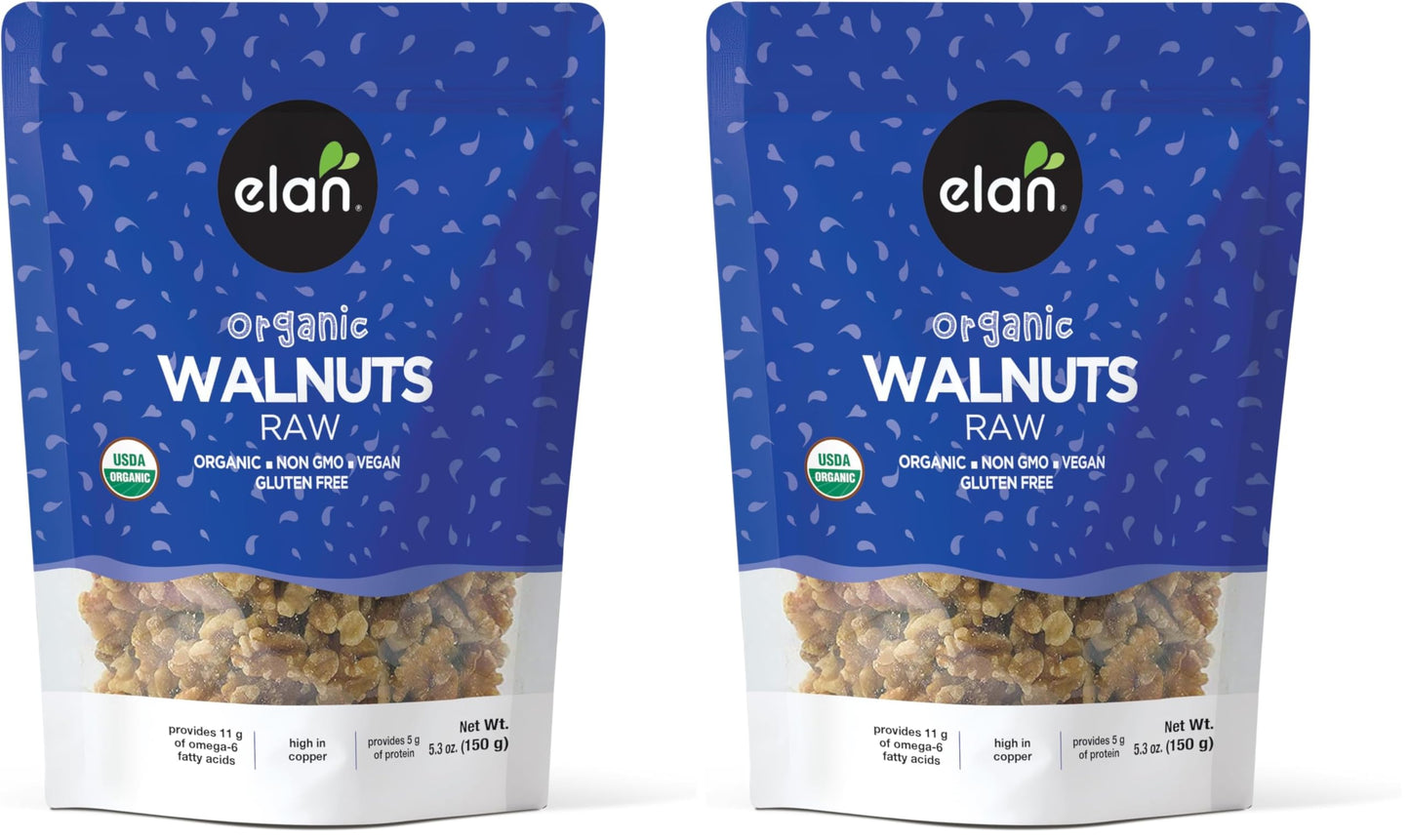 Elan Organic Walnuts, 5.3 oz, Raw Nuts, Unsalted, Unroasted, No Shell, Non-GMO, Vegan, Gluten-Free, Kosher, Healthy Snacks (Pack of 2)