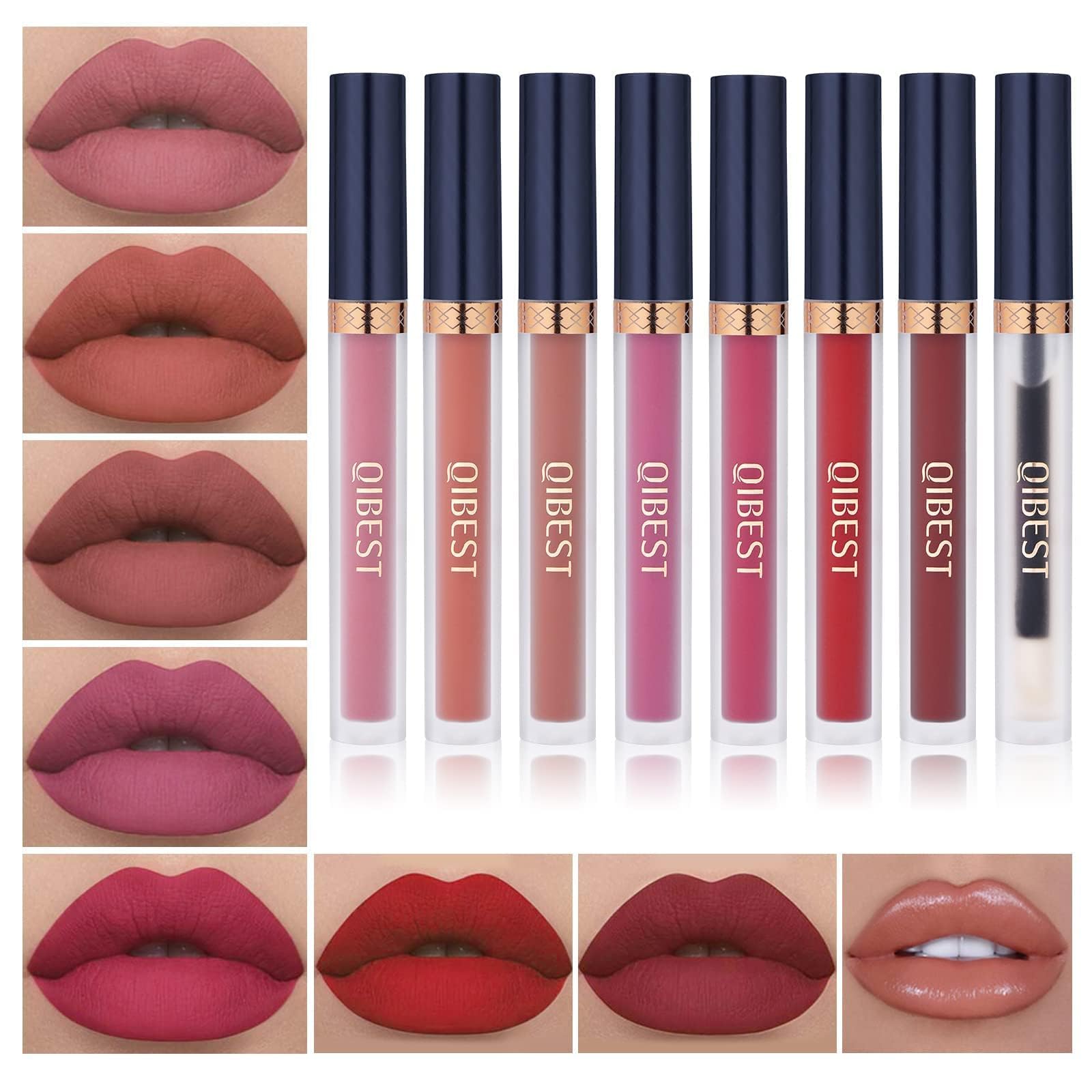 QiBest 7Pcs Matte Liquid Lipstick + 1Pcs Lip Plumper Makeup Set Kit, Pigmented Long Lasting Lip Gloss Set, Velvet Waterproof Halloween Lip Makeup Valentine&amp;#39;s Day Gift Sets for Girls and Women