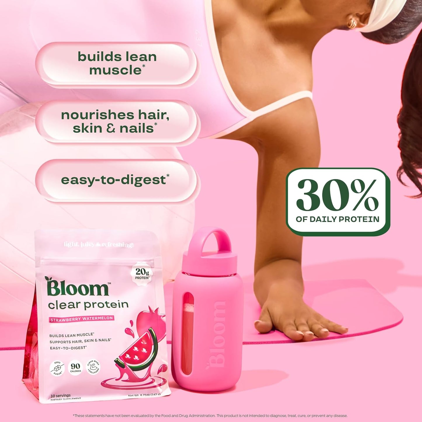 Bloom_Clear_Protein,_Whey_Protein_Isolate_with_Collagen_Peptides_and_Digestive_Enzymes,_20g_Protein,_Sugar_Free_Post_Workout_Drink_Mix,_90_Calories,_Strawberry_Watermelon,_10_Servings