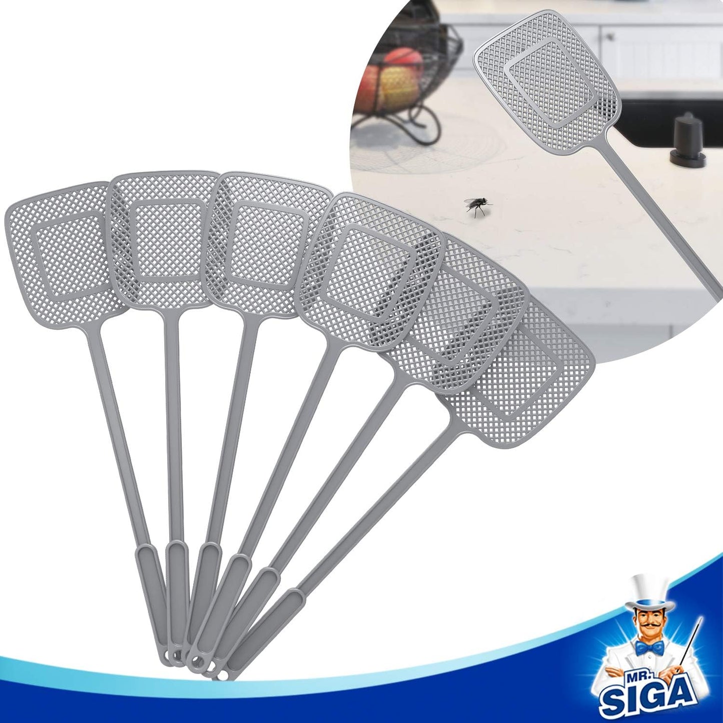 MR.SIGA_Heavy_Duty_Long_Handle_Fly_Swatter,_Gray,_6_Pack