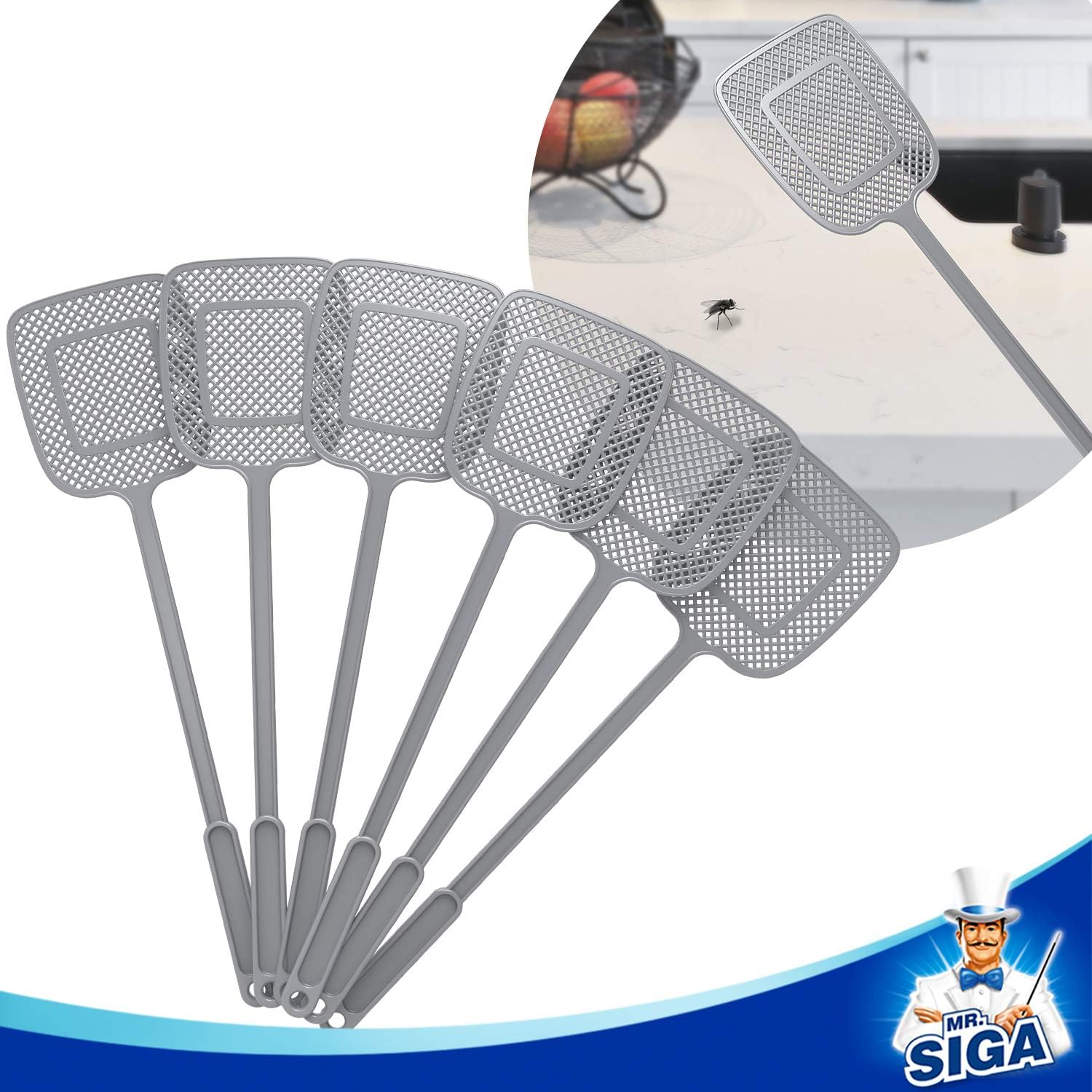 MR.SIGA_Heavy_Duty_Long_Handle_Fly_Swatter,_Gray,_6_Pack