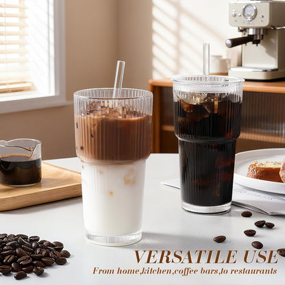 Iced_Coffee_Cups_with_Lids:_Coffee_Bar_Accessories_-_Ribbed_Glass_Tumbler_with_Straw_and_Lid_4Pcs_-_20oz_Leak_Proof_Tumbler_-_Reusable_Glass_Cups_and_Tumblers_with_Lid_and_Straws_for_To_Go_Iced_Coffee