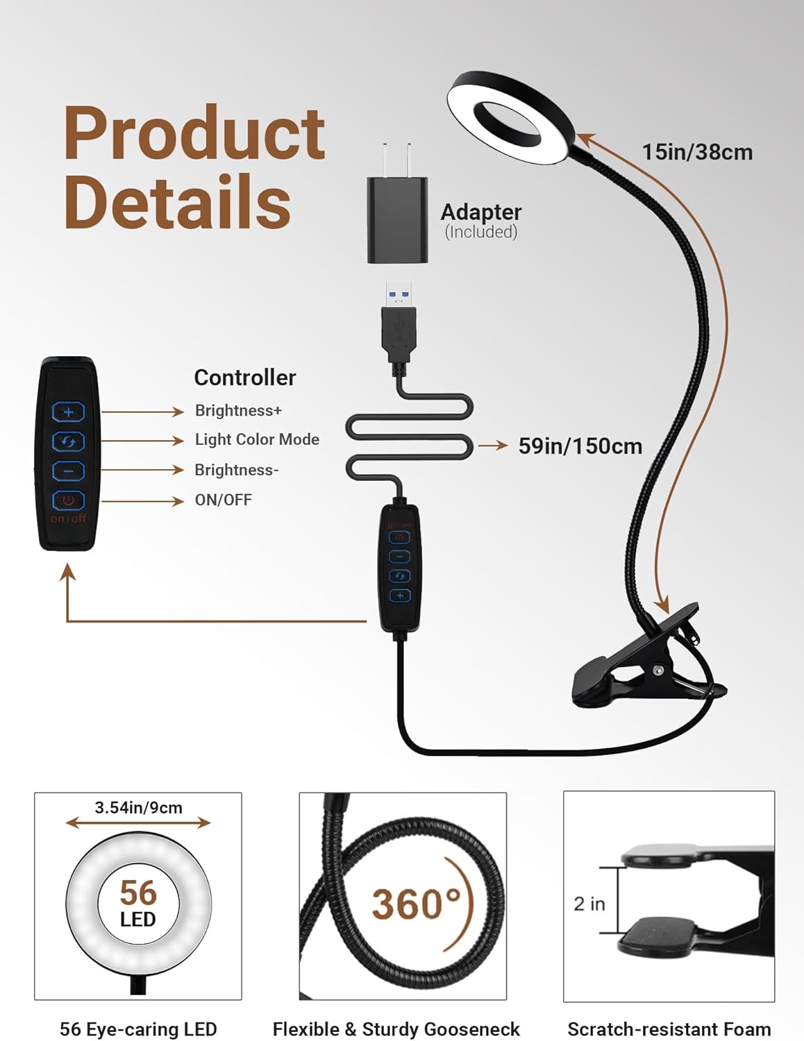 Clip_on_Lamp,5_Colors+10_Brightness_LED_Desk_Lamp_with_Clamp,550lm_Bright_Clip_on_Light_for_Bed_Headboard/Bedside_Table,360°Adjustable_Reading_Light_for_Bed,Desk_Lights_for_Home_Office_Study_[Adapter]