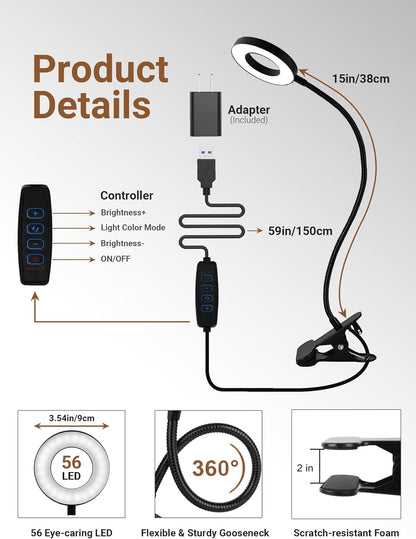 Clip_on_Lamp,5_Colors+10_Brightness_LED_Desk_Lamp_with_Clamp,550lm_Bright_Clip_on_Light_for_Bed_Headboard/Bedside_Table,360°Adjustable_Reading_Light_for_Bed,Desk_Lights_for_Home_Office_Study_[Adapter]