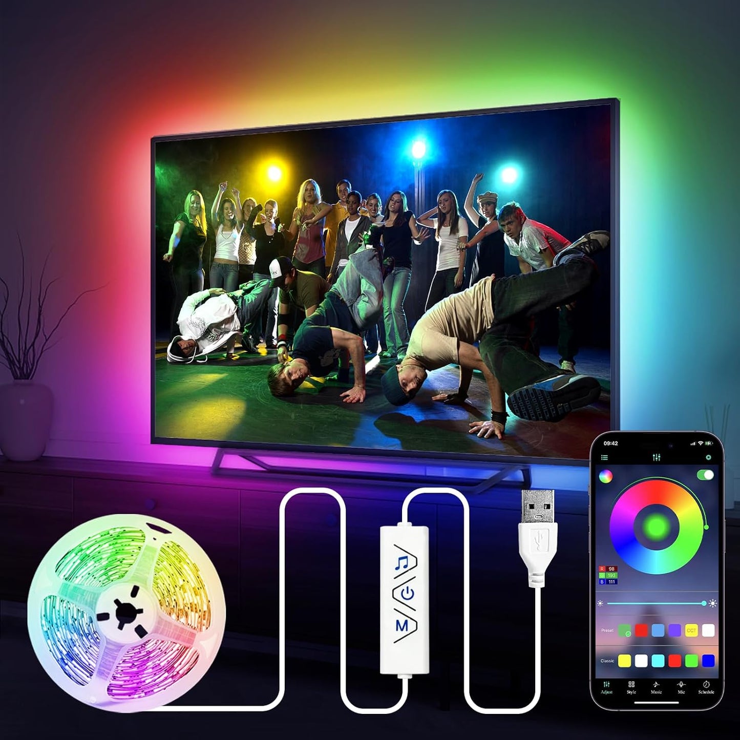 HOUHUI_TV_LED_Lights_13Ft/32.8ft,_RGB_LED_Strip_Lights_for_32-65in_TV_Backlight,_App_Control_Strips_Light_Sync_to_Music,_USB_Bias_LED_Strip_Lighting_for_Bedroom_Home_Room_PC_Monitor_Gaming_Lights_Cabinet