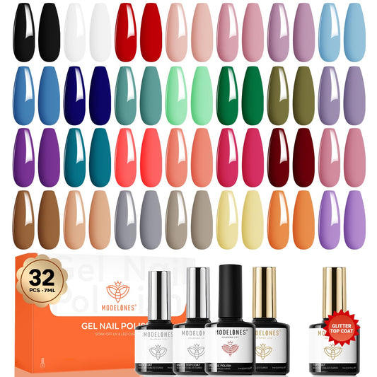 modelones_32_PCS_Gel_Nail_Polish_Set,_28_Colors_Gel_Polish_with_No_Wipe_Base_Coat,_Glitter_&_Glossy_&_Matte_Top_Coat_Black_Brown_Red_Purple_Soak_Off_LED_Nail_Art_Kit_Salon_at_Home