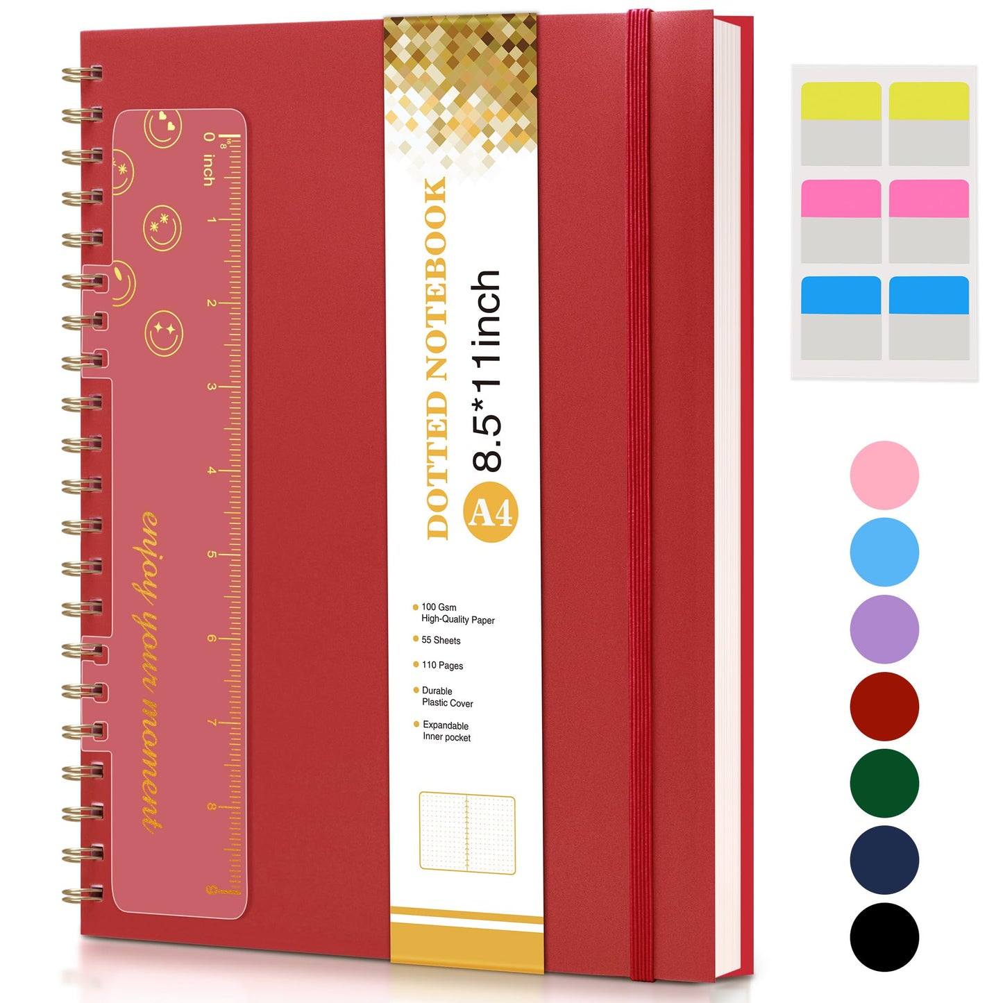 UEBZFOCS Dotted Notebook, Spiral Notebook Journal 8.5” x 11”, A4 Large Dot Grid Notebooks for Women Men, 100 GSM Dotted Paper, Plastic Hardcover Spiral Bullet Journals for Work School Sketching, Red