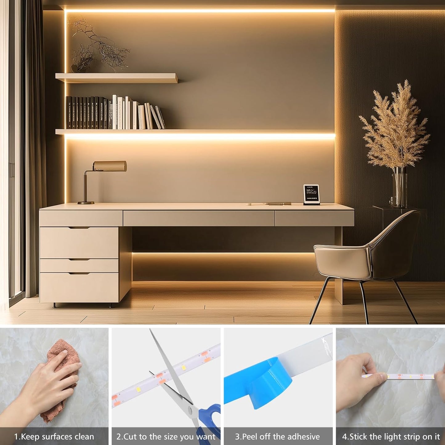 echosari_Strip_Lights_Battery_Operated,_3.3FT_Tape_Light_with_Self-Adhesive_Timer_Dimmable_Cuttable_Remote_Control_for_Indoor_Stairs_Cabinets_Shelves_TV_Home_Decor_(Warm_White/Cool_White)