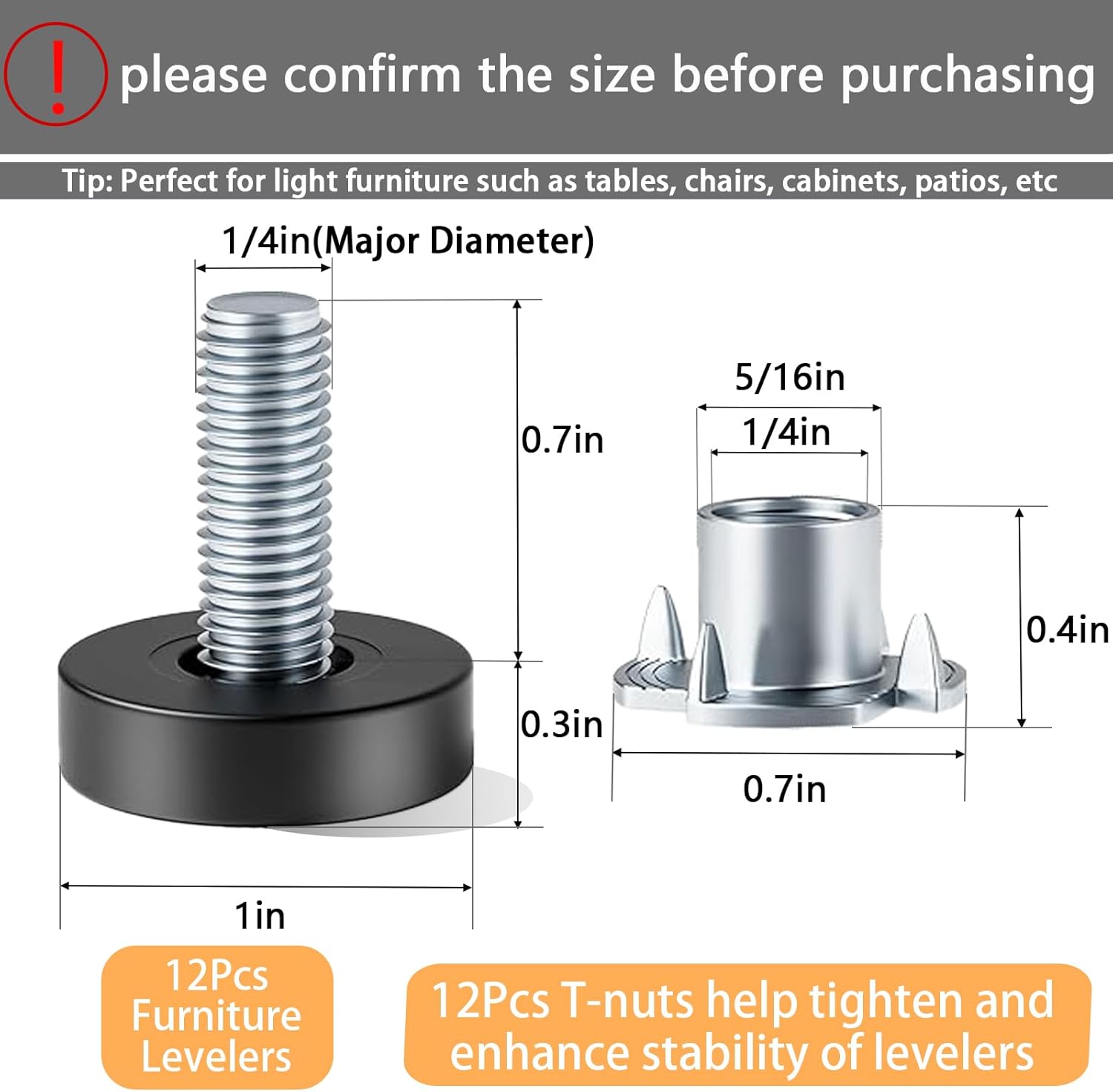 1/4"_Thread_Leveling_Feet,_12_PCS_Adjustable_Furniture_Levelers_with_T-Nuts,_Threaded_Screw-in_Table_Feet_for_Individual_Adjustment