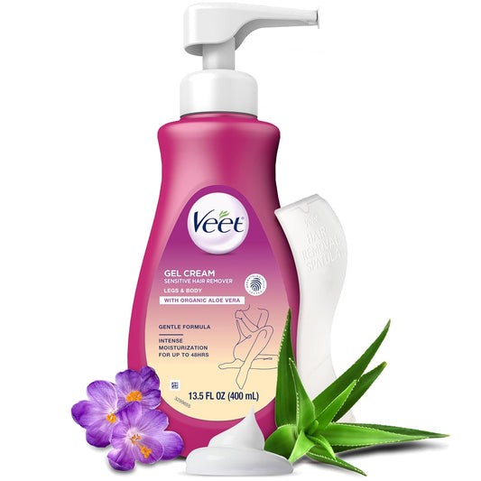 Veet_Sensitive_Skin_Hair_Removal_Cream_For_Women,_Painless_Bikini_Hair_Removal_Gel,_Dermatologically_Tested_Depilatory_Cream_For_Bikini_Line,_Legs,_Arms,_Underarms,_13.5_FL_OZ_Pump_Bottle_with_Tool