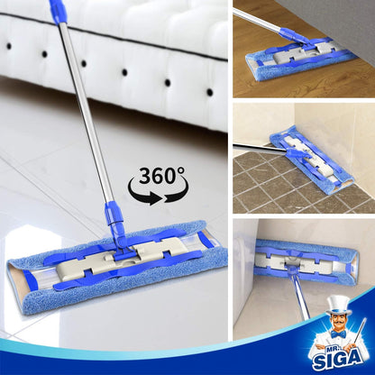 MR.SIGA_Professional_Microfiber_Mop_for_Hardwood,_Laminate,_Tile_Floor_Cleaning,_Stainless_Steel_Telescopic_Handle_-_3_Reusable_Flat_Mop_Refills_and_1_Dirt_Removal_Scrubber_Included