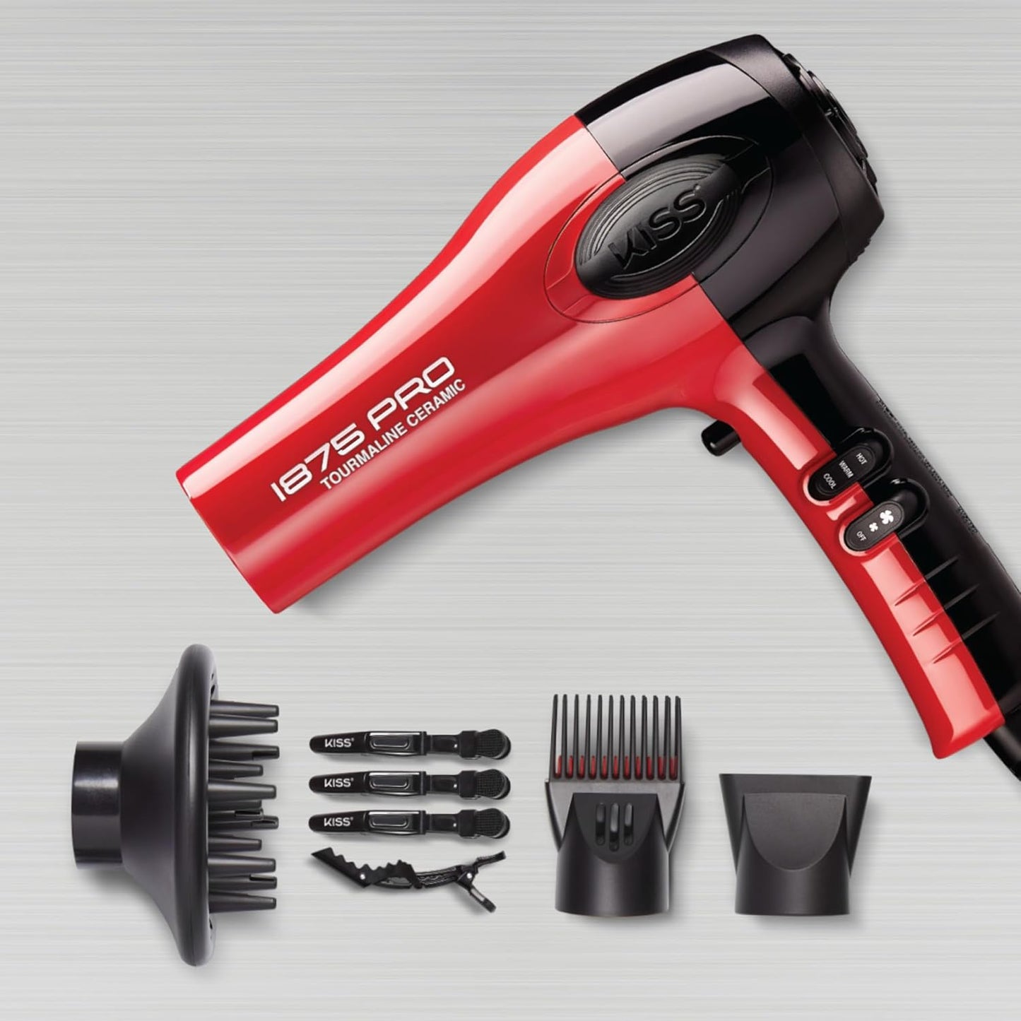 KISS_1875_Watt_Pro_Tourmaline_Ceramic_Hair_Dryer,_Styling_Edition,_3_Heat_Settings,_2_Speed_Settings,_Cool_Shot_Button,_7_Blow_Dryer_Accessories_Included,_2-Year_Warranty_-_Red
