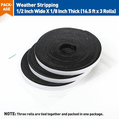 MAGZO_Weather_Stripping_Door_Seal,_1/2_Inch_Wide_X_1/8_Inch_Thick_Adhesive_Foam_Tape_Soundproof_Weatherstripping_for_Windows,_3_Rolls_Total_50FT_Black