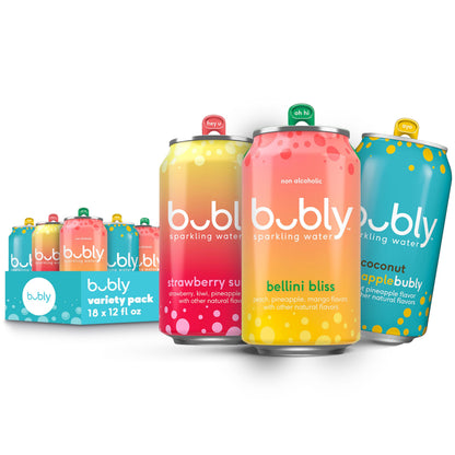 bubly, 3 Flavor Variety Pack (Bellini Bliss, Strawberry Sunset, Coconut Pineapple), 12 Fl Oz Cans (Pack of 18)