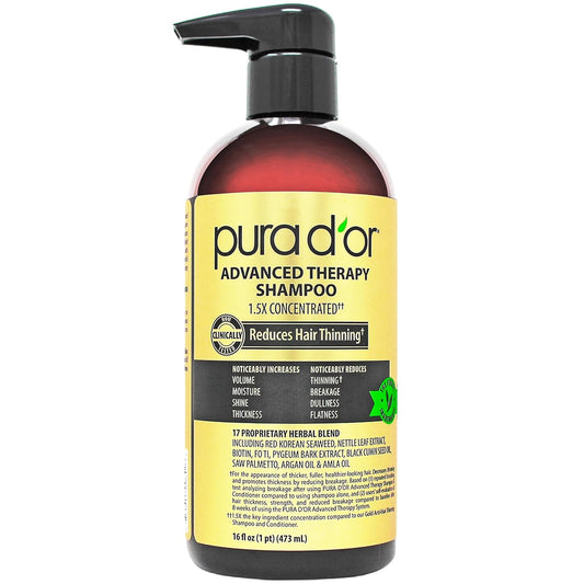 PURA_D'OR_Advanced_Therapy_Shampoo_Reduces_Hair_Thinning_&_Increases_Volume,_No_SLS,_Biotin_Shampoo_Infused_w/Argan_Oil,_Aloe_Vera_for_All_Hair_Types,_Men_&_Women,_Invigorating_Forest_Scent_16_Fl_Oz