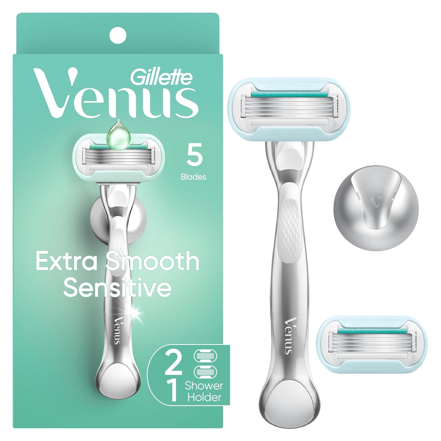 Gillette_Venus_Extra_Smooth_Sensitive_Razor_for_Women,_Includes_1_Reusable_Razor_Handle_+_2_Refills,_for_Sensitive_Skin_with_Metal_Handle_and_Shower_Holder