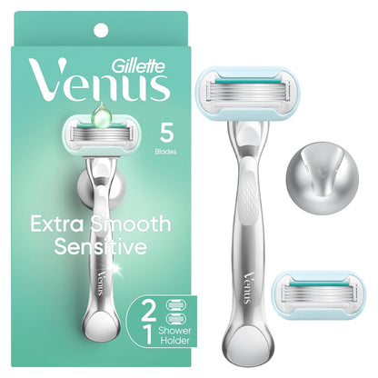 Gillette_Venus_Extra_Smooth_Sensitive_Razor_for_Women,_Includes_1_Reusable_Razor_Handle_+_2_Refills,_for_Sensitive_Skin_with_Metal_Handle_and_Shower_Holder