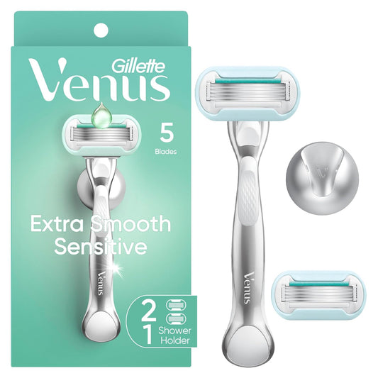 Gillette_Venus_Extra_Smooth_Sensitive_Razor_for_Women,_Includes_1_Reusable_Razor_Handle_+_2_Refills,_for_Sensitive_Skin_with_Metal_Handle_and_Shower_Holder
