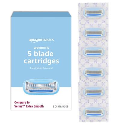 Amazon Basics 5-Blade Razor Refills for Women with Comfort-Coated Blades, Moisture Lubrication, Hypoallergenic, 6 Count (Fits Amazon Basics Razor Handles Only) (Previously Solimo)