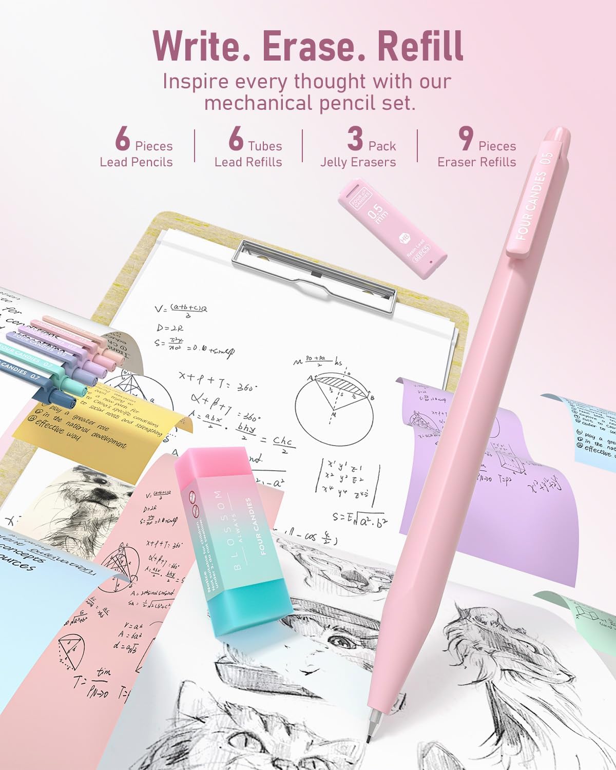Four_Candies_School_Supplies_with_Cute_Pencil_Case,_39ct,_Pink_|_Back_to_School_Stationery_Set,_Essentials_for_College_&_Nursing_Students,_5_Gel_Pens,_6_Mechanical_Pencils,_12_Highlighters