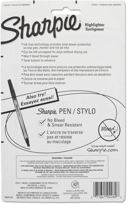 Sharpie_Gel_Highlighters,_Bullet_Tip,_Assorted_Fluorescent_Highlighter_Markers,_5_Count_Pack,_Smear_And_Bleed_Resistant,_Long-Lasting_And_Won'T_Dry_Out