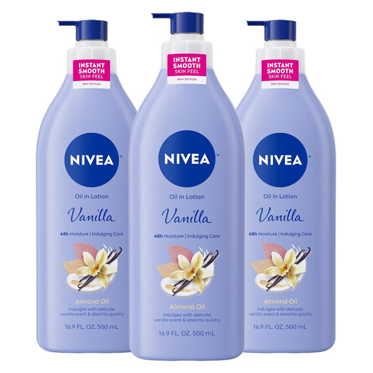 NIVEA_Oil_Infused_Vanilla_and_Almond_Oil_Body_Lotion_for_Women,_Fast-Absorbing_and_Non-Greasy_Vanilla_Scented_Lotion_Moisturizes_for_48_Hours,_16.9_Fl_Oz_Pump_Bottle,_Pack_of_3
