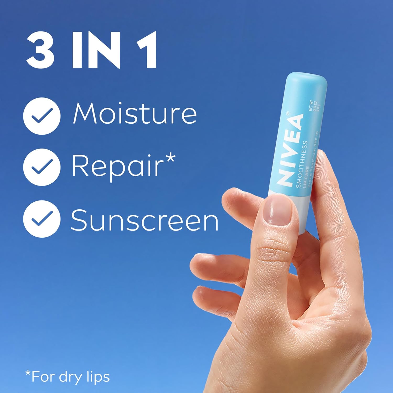 NIVEA_Smoothness_Lip_Care,_Sunscreen_Lip_Balm_with_SPF_15_Broad_Spectrum,_Shea_Butter,_Nourishing_Oils_and_Vitamin_C_&_E,_3-in-1_Moisture,_Repair_and_Sunscreen,_0.17_Oz_Stick,_Pack_of_4