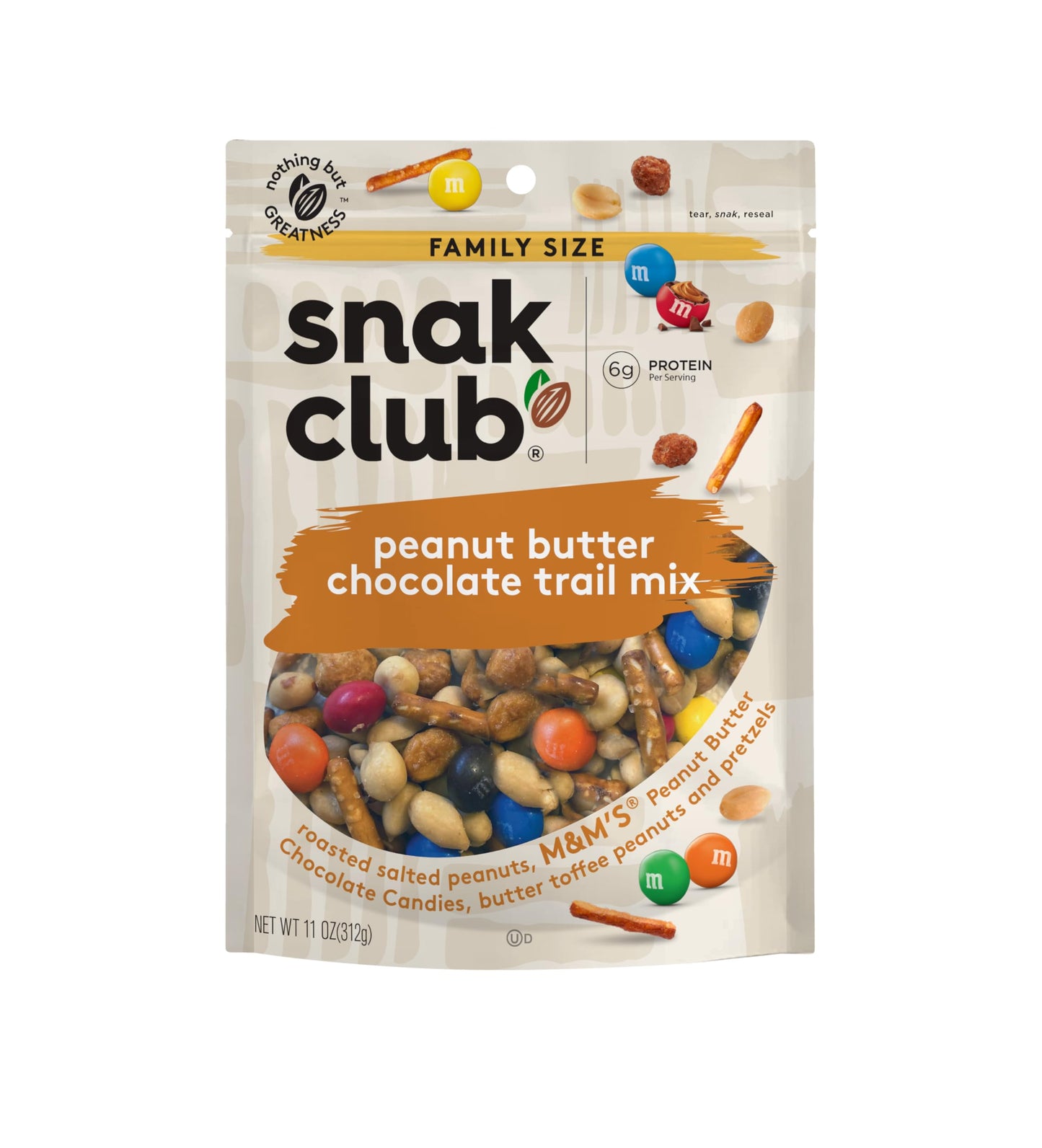 Snak Club Peanut Butter Chocolate Trail Mix with Peanuts, Peanut Butter M&amp;amp;M’S, Toffee Peanuts, and Pretzels, 11 oz Resealable Bag