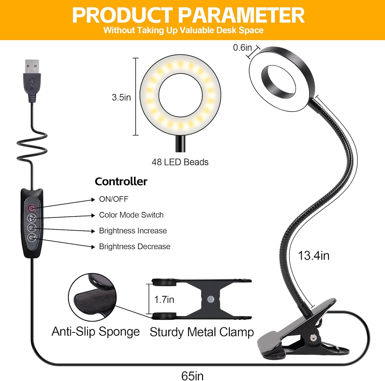 Foneso_Desk_Lamp_Clip_on_Light,_48_LED_USB_Lamp_with_3_Color_Modes_10_Brightness_Levels,_360°_Flexible_Gooseneck_Eye_Protection_Bed_Night_Light_for_Reading,_Makeup,_Craft_(Black)